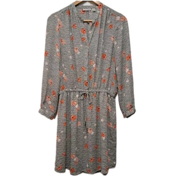 Halogen Long Sleeve Blouson Dress Womens M Coral Floral Chiffon V-Neck Tie Waist - Picture 1 of 15